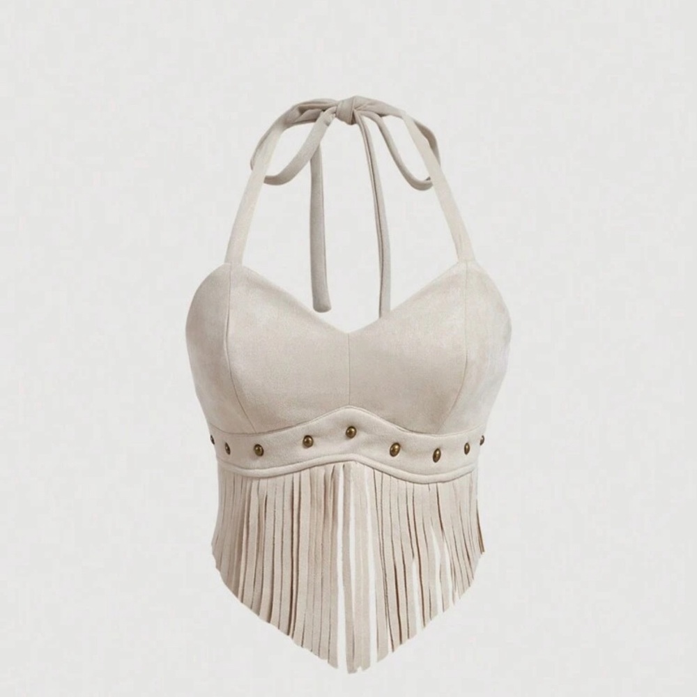 SHEIN Light Beige Fringe Crop Top